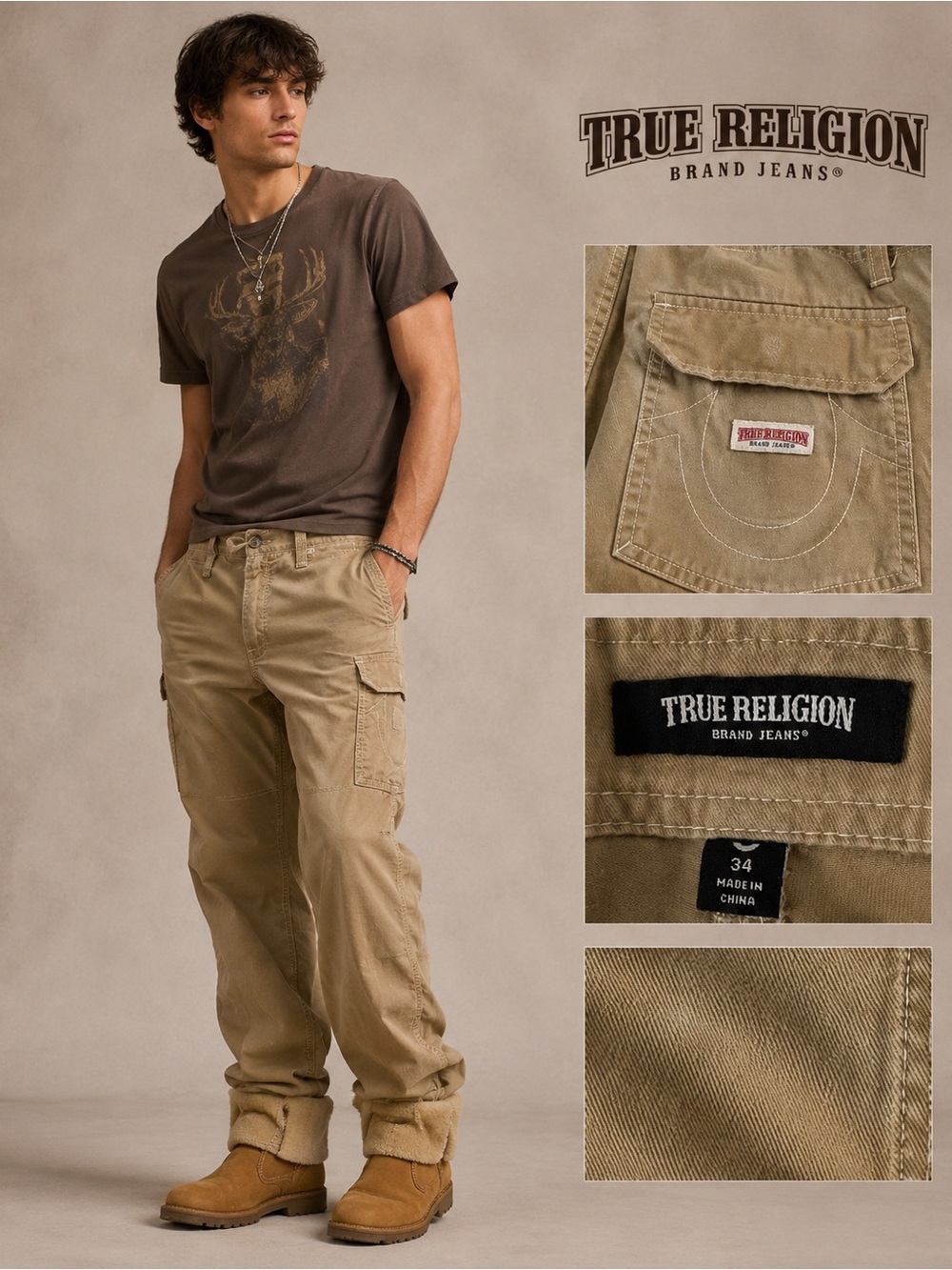 True Religion Tan Cargo Utility Pants | Size 34 | Y2K Streetwear